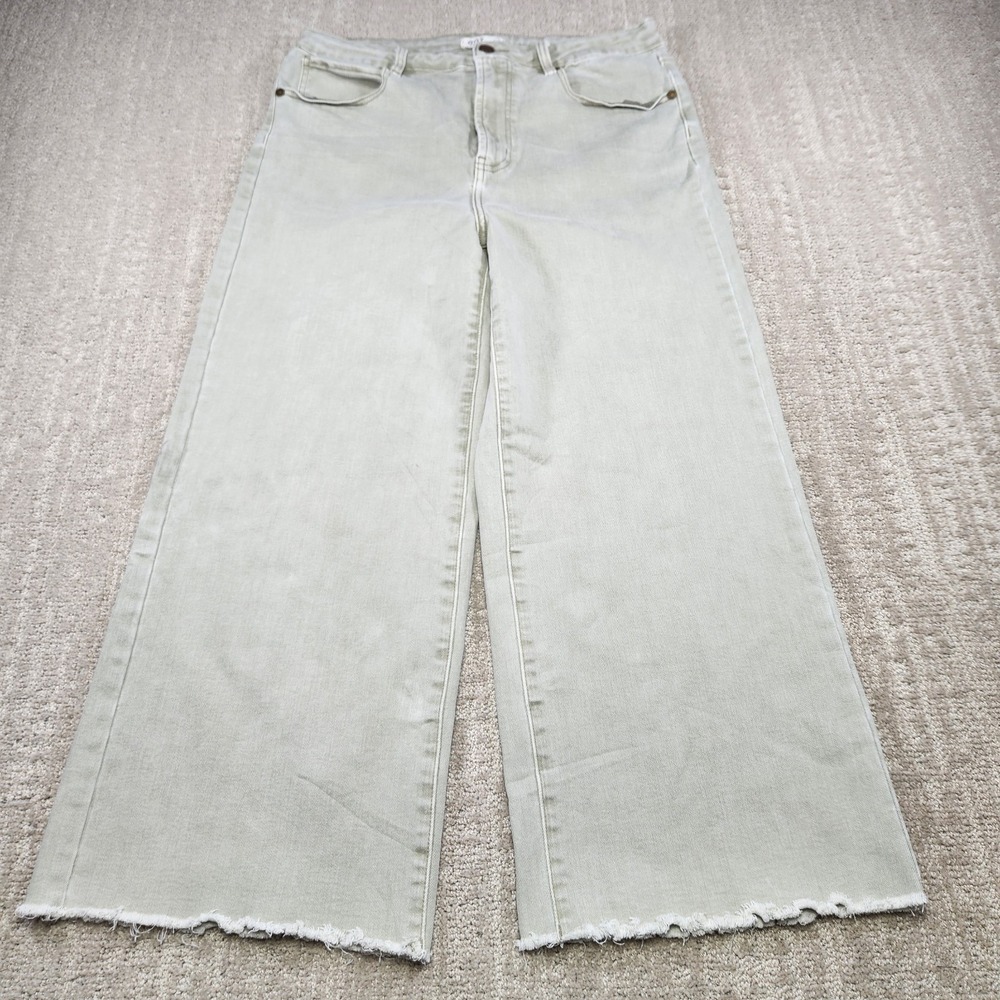 OAT New York Jeans Women 10 30 Wide Leg Crop Stretch Denim Beige Raw Hem